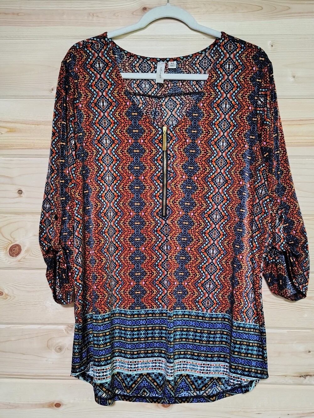 Tacera Boho Printed Tunic Dress Top XL Zip Front Long Roll Tab Sleeve Stretch